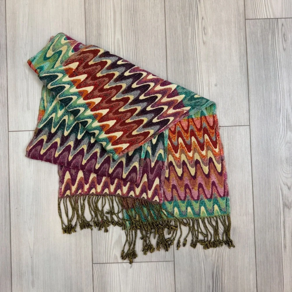 Tolani Multi Color Zigzag Chevron Viscose Scarf with Fringe Bohemian Wrap